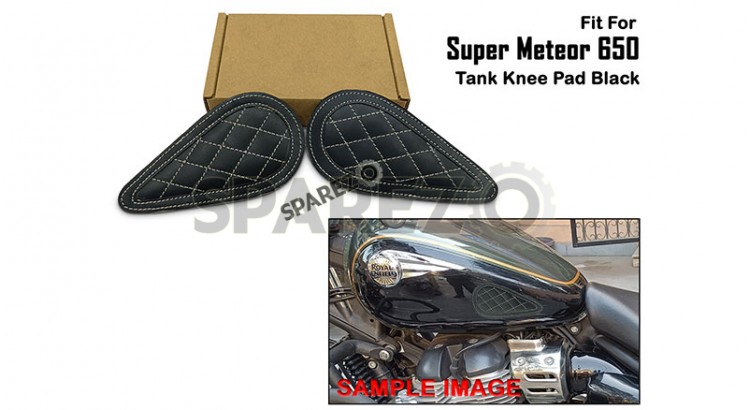 Fit For Royal Enfield Super Meteor 650 Leather Tank Knee Pad Black - SPAREZO